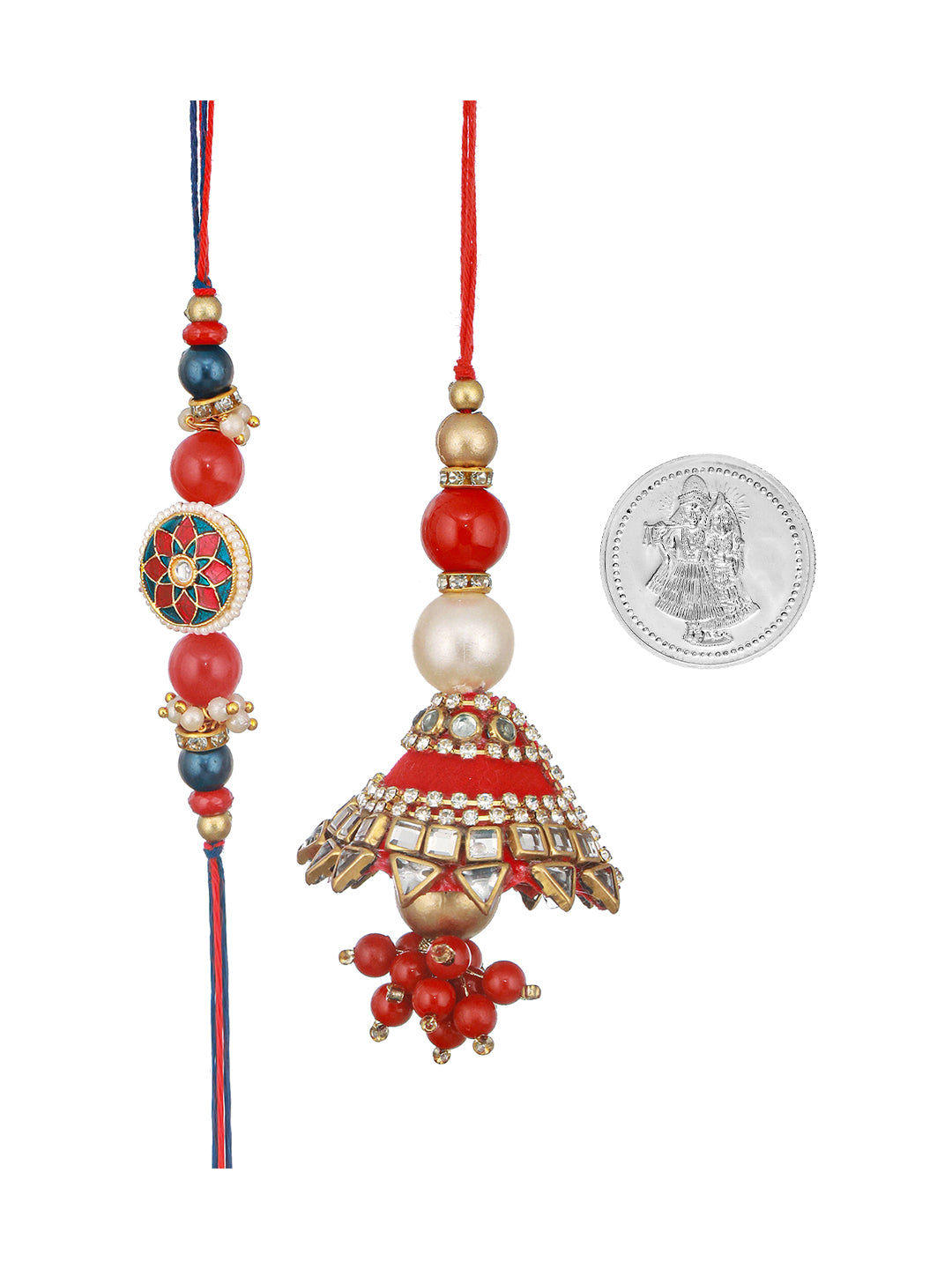 Set Of 2 Designer Kundan & pearl Lumba Rakhi with 10 gram Radhe Krishna round 999 Round Silver Coin